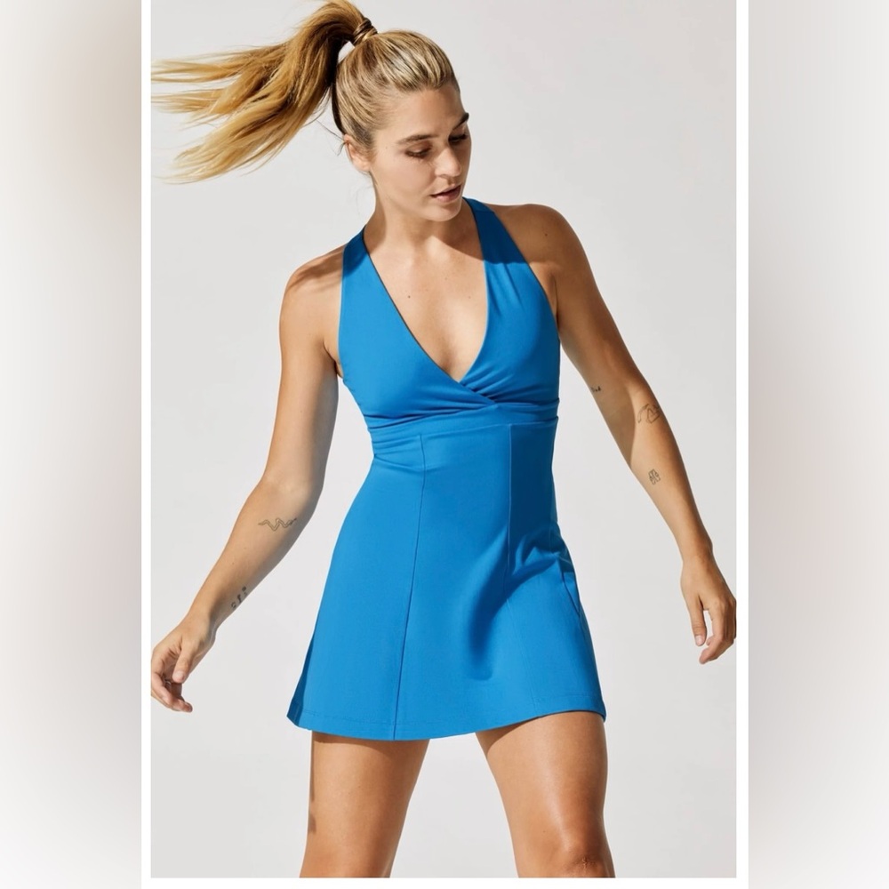Carbon 38, Halter Cross Back Tennis Dress in Sky Aqua